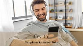  Presentation with music headphones - Presentation design featuring technology-leisure-and-people-concept background and a coral colored foreground