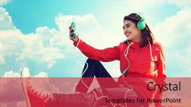  Presentation with blue music - Audience pleasing slides consisting of technology lifestyle and people concept - smiling young woman or teenage girl with smartphone and headphones listening to music outdoors over blue sky and clouds background backdrop and a red colored foreground