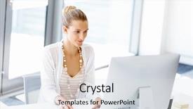  Presentation with worker - PPT theme featuring technology lights - attractive office worker sitting background and a sky blue colored foreground