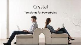  Presentation with man joined woman - Colorful slides enhanced with technology lights - man and woman sitting back-to-back backdrop and a white colored foreground