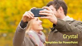  Presentation with relationship - Presentation theme consisting of technology love relationship and people concept - close up of smiling couple taking selfie with smartphone in autumn park background and a tawny brown colored foreground
