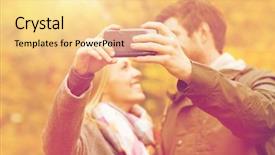  Presentation with relationship - PPT theme featuring technology love relationship and people concept - close up of smiling couple taking selfie with smartphone in autumn park background and a blonde colored foreground
