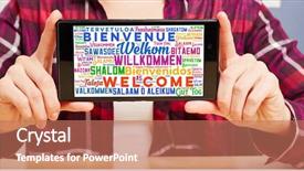  Presentation with welcome - Colorful presentation design enhanced with technology management - welcome in different languages backdrop and a coral colored foreground