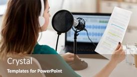  Presentation with mass media - Audience pleasing PPT theme consisting of technology-mass-media-and-people backdrop and a violet colored foreground