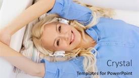  Presentation with music headphones - PPT theme enhanced with technology music and happiness concept - smiling young girl lying on sofa in headphones at home background and a light blue colored foreground