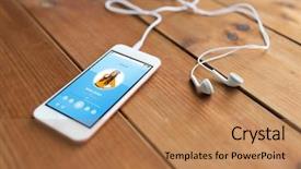  Presentation with gadget - Slide deck featuring technology music gadget and object concept - close up of white smartphone and earphones on wooden surface with media player on screen background and a coral colored foreground