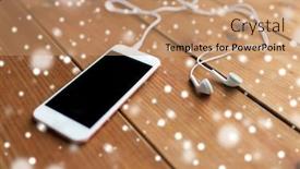  Presentation with gadget - Slides enhanced with technology music gadget and object concept - close up of white smartphone and earphones on wooden surface with copy space background and a coral colored foreground