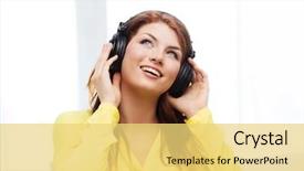  Presentation with music headphones - Audience pleasing presentation design consisting of technology music and happiness concept backdrop and a  colored foreground