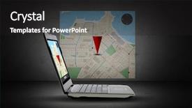  Presentation with gps - Colorful presentation enhanced with technology navigation location and advertisement concept - laptop computer with gps navigator map on screen backdrop and a dark gray colored foreground