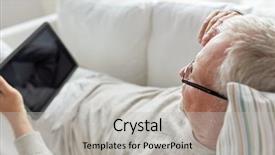  Presentation with old age - Beautiful theme featuring technology old age people and lifestyle concept - senior man with tablet pc computer lying on sofa at home backdrop and a light gray colored foreground