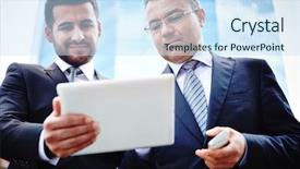  Presentation with solutions business - Audience pleasing PPT layouts consisting of technology people - colleagues discussing business solutions while backdrop and a sky blue colored foreground