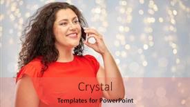  Presentation with festive - Slide set enhanced with technology people and communication concept - smiling woman in red dress calling on smartphone over festive lights background background and a coral colored foreground