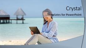  Presentation with technology - PPT theme having technology people and leisure concept background and a light blue colored foreground