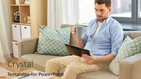  Presentation with tea coffee - Beautiful slide deck featuring technology people and lifestyle concept - serious man with tablet pc computer and papers drinking coffee or tea at home backdrop and a coral colored foreground