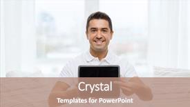  Presentation with technology learning - Theme with technology people and lifestyle distance learning concept - happy man showing tablet pc computer black blank screen at home background and a coral colored foreground