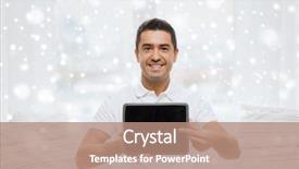  Presentation with learning technology - Audience pleasing slide set consisting of technology people and lifestyle distance learning concept - happy man showing tablet pc computer black blank screen at home over snow effect backdrop and a coral colored foreground