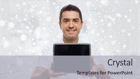  Presentation with learning technology - Colorful presentation theme enhanced with technology people and lifestyle distance learning concept - happy man showing tablet pc computer black blank screen at home over snow effect backdrop and a light gray colored foreground