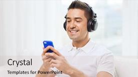  Presentation with learning technology - PPT layouts featuring technology people lifestyle and distance learning concept - happy man with smartphone and headphones listening to music at home background and a soft green colored foreground