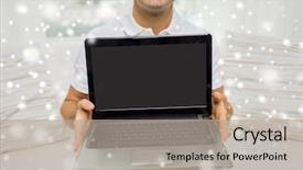  Presentation with laptop blank screen - Colorful PPT theme enhanced with technology people lifestyle and networking concept - close up of happy man showing laptop black blank screen at home over snow effect backdrop and a mint green colored foreground