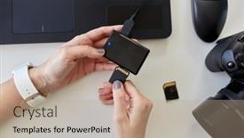  Presentation with memory computer - Presentation theme having technology-post-production-and-vlog background and a coral colored foreground