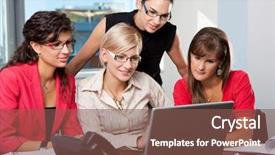  Presentation with meeting table - Slide deck with technology red - young businesswomen sitting at table background and a  colored foreground