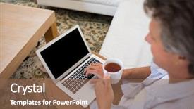  Presentation with social isolation - PPT theme enhanced with technology refresh - man using laptop while having background and a  colored foreground