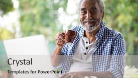  Presentation with coffee - Slide deck with technology refresh - portrait of senior man having background and a  colored foreground