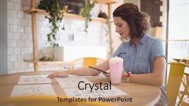  Presentation with coffee shop - Cool new PPT layouts with technology refresh - young woman sitting with papers backdrop and a  colored foreground