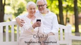  Presentation with old people - Beautiful PPT layouts featuring technology relationship and old people concept - happy senior couple with smartphone taking selfie and hugging at park backdrop and a mint green colored foreground