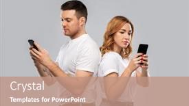  Presentation with relationships - Audience pleasing PPT theme consisting of technology relationships and people concept - couple in white t-shirts with smartphones over grey background backdrop and a coral colored foreground