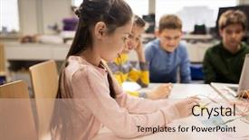  Presentation with education children technology science - Presentation theme having technology science and people concept background and a coral colored foreground