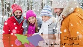  Presentation with computers - Presentation design featuring technology season friendship and people concept - group of smiling men and women with tablet pc computers in winter forest background and a gold colored foreground