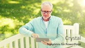  Presentation with distance learning - PPT theme having technology senior people and lifestyle distance learning concept - old man with tablet pc computer at summer park background and a soft green colored foreground