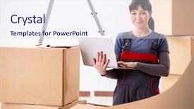  Presentation with internet scam - Presentation design featuring technology service operations - woman accepting relocation order background and a sky blue colored foreground