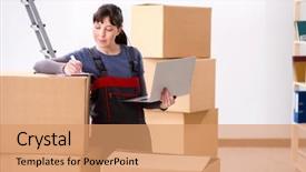  Presentation with order - Cool new PPT theme with technology service operations - woman accepting relocation order backdrop and a coral colored foreground