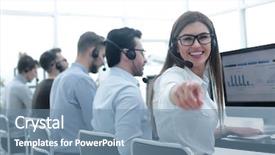  Presentation with employee - Beautiful slides featuring technology services - smiling business center employee pointing backdrop and a seafoam green colored foreground