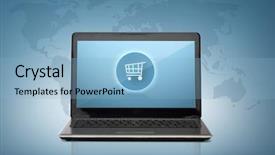 Presentation with advertisement - Slide set featuring technology shopping and advertisement concept - laptop computer with shopping cart button on screen background and a light blue colored foreground