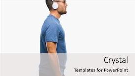  Presentation with old wite man and his music - Audience pleasing presentation theme consisting of technology simple - young handsome man wearing headphones backdrop and a light gray colored foreground