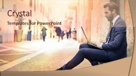  Presentation with unlock potential motivational concept manager - Cool new theme with technology solutions - fashionable manager sitting outdoors backdrop and a lemonade colored foreground