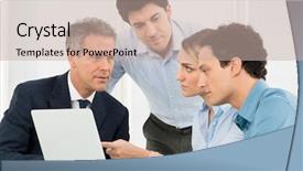  Presentation with meeting - Slide deck featuring technology solutions - group of businesspeople using laptop background and a soft green colored foreground