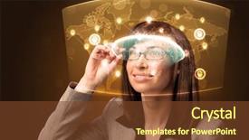  Presentation with neural network map - Presentation theme with technology solutions - young woman looking at futuristic background and a tawny brown colored foreground