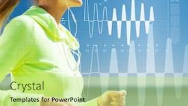  Presentation with exercise sport - Cool new PPT layouts with technology sport fitness exercise and lifestyle concept - smiling woman doing running with earphones outdoors backdrop and a mint green colored foreground