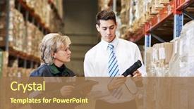  Presentation with scanner - Audience pleasing theme consisting of technology stack - manager and worker in warehouse backdrop and a coral colored foreground