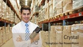  Presentation with scanner - Audience pleasing PPT theme consisting of technology stack - smiling manager in warehouse backdrop and a coral colored foreground