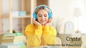  Presentation with audio book - Audience pleasing slide set consisting of technology stack - young woman sitting at table backdrop and a yellow colored foreground