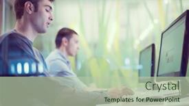  Presentation with technology students - Amazing presentation theme having technology-students-group-in-computer backdrop and a mint green colored foreground