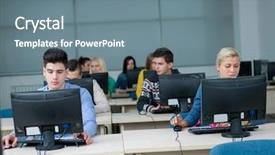  Presentation with technology students - Audience pleasing presentation theme consisting of technology students group in computer backdrop and a gray colored foreground