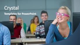  Presentation with technology students - Amazing PPT theme having technology students group in computer backdrop and a gray colored foreground