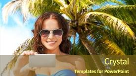  Presentation with summer trees - Theme having technology summer holidays travel and people concept - happy young woman in bikini swimsuit and sunglasses taking selfie with smatphone over sky and palm trees background background and a tawny brown colored foreground