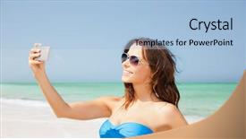  Presentation with happy holidays - Cool new presentation theme with technology summer holidays travel and people concept - happy young woman in bikini swimsuit and sunglasses taking selfie with smatphone over beach background backdrop and a light blue colored foreground